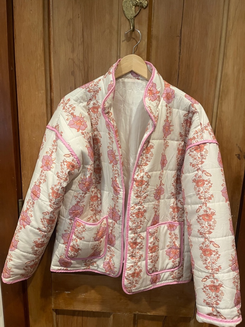 Women's White Quilted Floral Puffer Jacket with Pink Trim